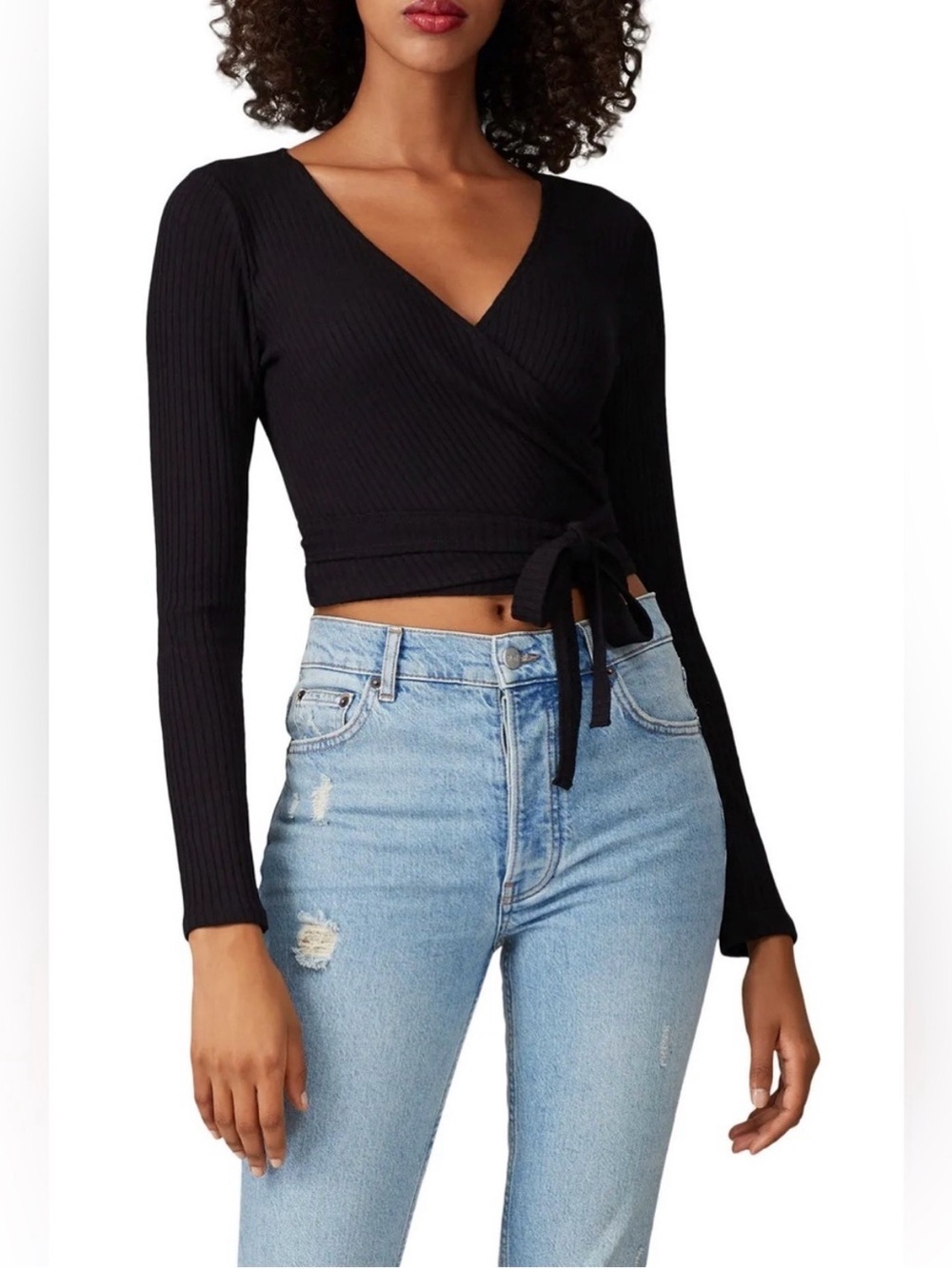 Reformation Black Ribbed Wrap Tie Crop Top